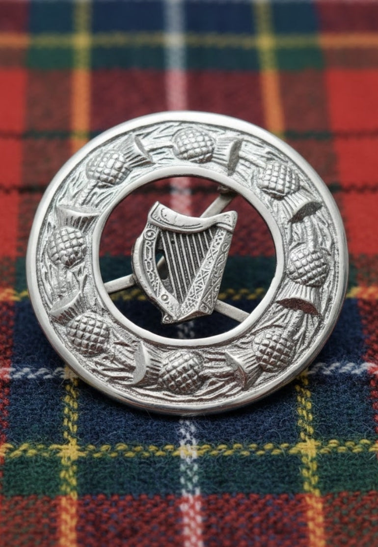 Irish Harp Thistle Border Plaid Brooch