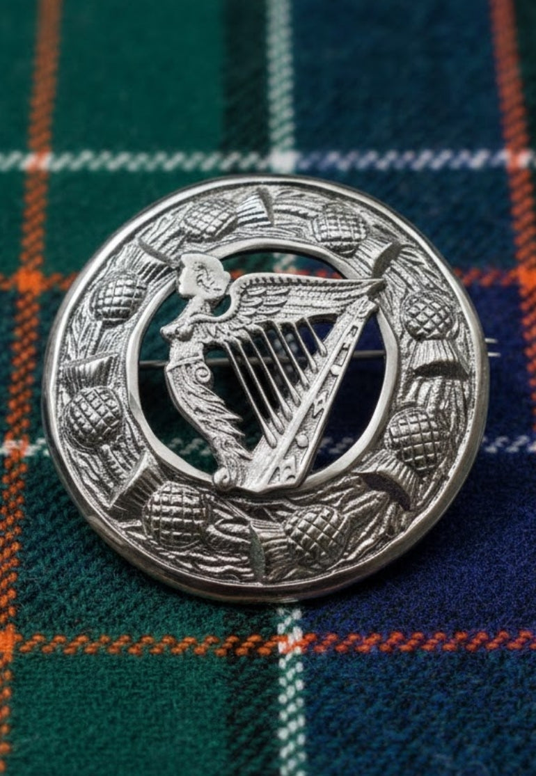 Irish Lady Harp Emblem Plaid Brooch