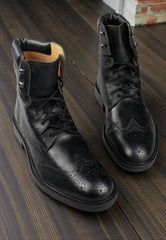 Premium Black Leather Brogue Lace-Up Boots