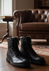 Premium Black Leather Brogue Lace-Up Boots