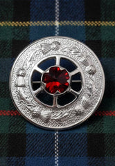 Thistle Crest Plaid Brooch with Red Gem