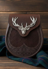 Traditional Stag Crest Brown Leather Sporran